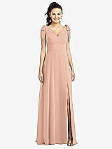 Front View Thumbnail - Pale Peach Bow-Shoulder V-Back Chiffon Gown with Front Slit