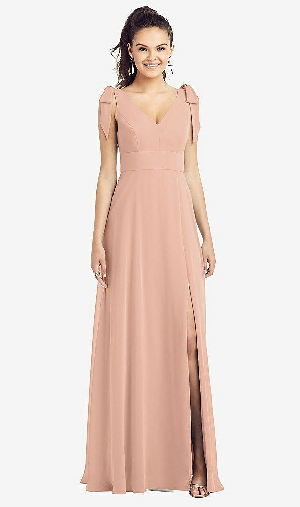 Front View - Pale Peach Bow-Shoulder V-Back Chiffon Gown with Front Slit