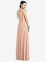 Rear View Thumbnail - Pale Peach Bow-Shoulder V-Back Chiffon Gown with Front Slit
