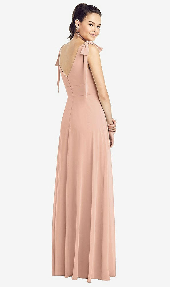 Back View - Pale Peach Bow-Shoulder V-Back Chiffon Gown with Front Slit