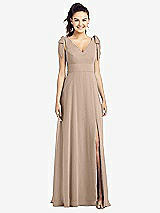 Front View Thumbnail - Topaz Bow-Shoulder V-Back Chiffon Gown with Front Slit
