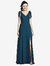 Front View Thumbnail - Atlantic Blue Bow-Shoulder V-Back Chiffon Gown with Front Slit