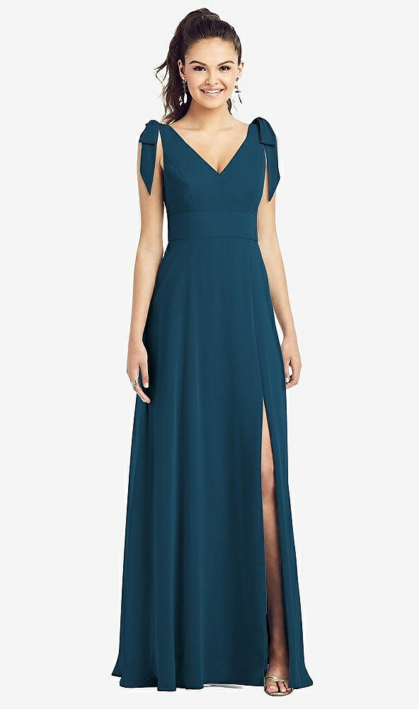 Front View - Atlantic Blue Bow-Shoulder V-Back Chiffon Gown with Front Slit