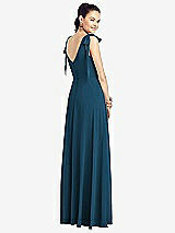 Rear View Thumbnail - Atlantic Blue Bow-Shoulder V-Back Chiffon Gown with Front Slit