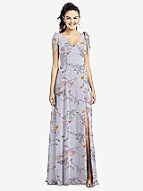 Front View Thumbnail - Butterfly Botanica Silver Dove Bow-Shoulder V-Back Chiffon Gown with Front Slit