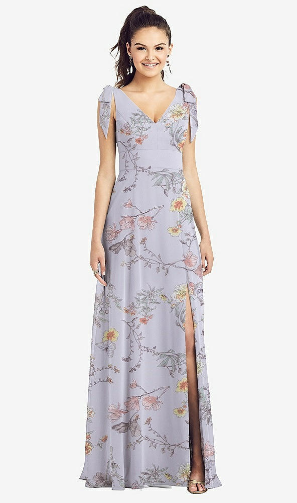Front View - Butterfly Botanica Silver Dove Bow-Shoulder V-Back Chiffon Gown with Front Slit