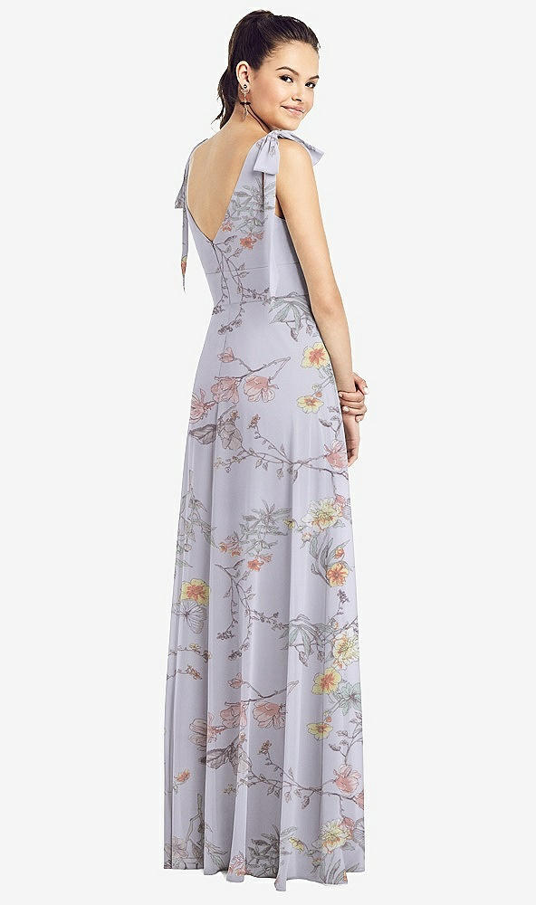 Back View - Butterfly Botanica Silver Dove Bow-Shoulder V-Back Chiffon Gown with Front Slit