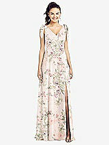 Front View Thumbnail - Blush Garden Bow-Shoulder V-Back Chiffon Gown with Front Slit