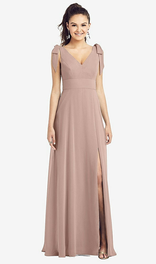 Front View - Bliss Bow-Shoulder V-Back Chiffon Gown with Front Slit