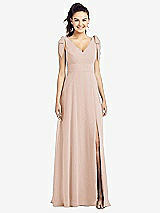 Front View Thumbnail - Cameo Bow-Shoulder V-Back Chiffon Gown with Front Slit