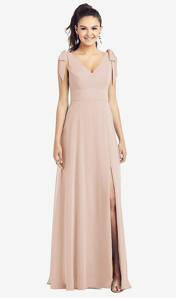 Front View - Cameo Bow-Shoulder V-Back Chiffon Gown with Front Slit