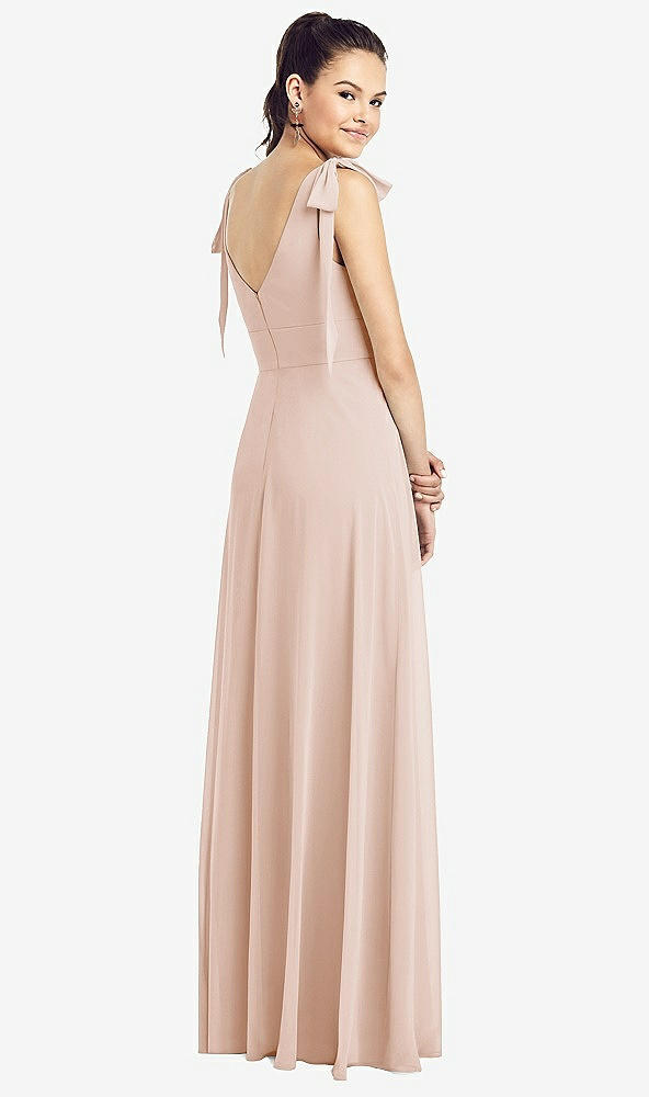 Back View - Cameo Bow-Shoulder V-Back Chiffon Gown with Front Slit