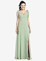 Front View Thumbnail - Celadon Bow-Shoulder V-Back Chiffon Gown with Front Slit