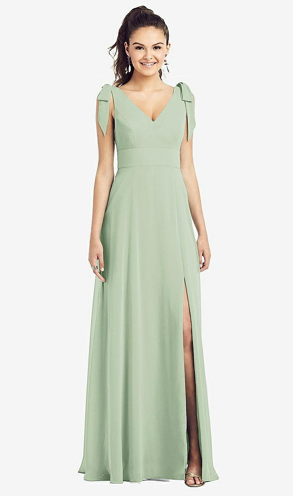 Front View - Celadon Bow-Shoulder V-Back Chiffon Gown with Front Slit