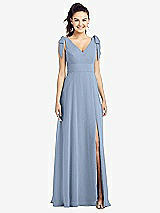 Front View Thumbnail - Cloudy Bow-Shoulder V-Back Chiffon Gown with Front Slit