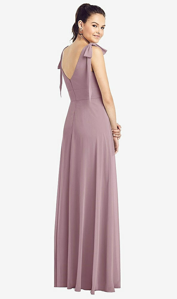 Back View - Dusty Rose Bow-Shoulder V-Back Chiffon Gown with Front Slit