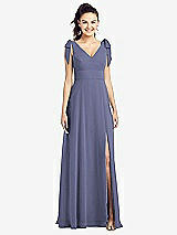 Front View Thumbnail - French Blue Bow-Shoulder V-Back Chiffon Gown with Front Slit