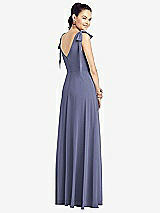 Rear View Thumbnail - French Blue Bow-Shoulder V-Back Chiffon Gown with Front Slit