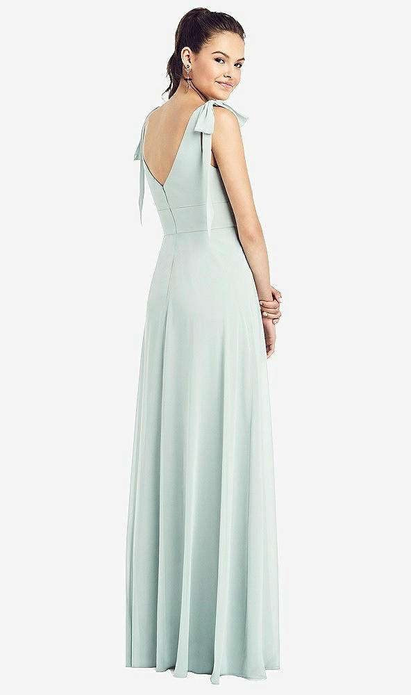 Back View - French Blue Bow-Shoulder V-Back Chiffon Gown with Front Slit