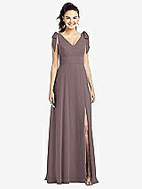 Front View Thumbnail - French Truffle Bow-Shoulder V-Back Chiffon Gown with Front Slit