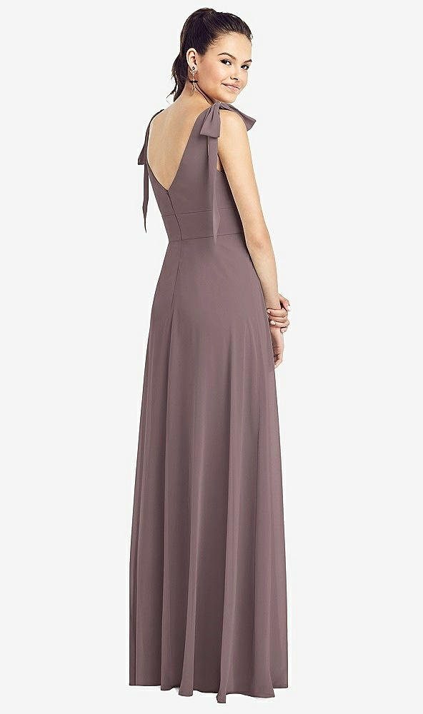 Back View - French Truffle Bow-Shoulder V-Back Chiffon Gown with Front Slit