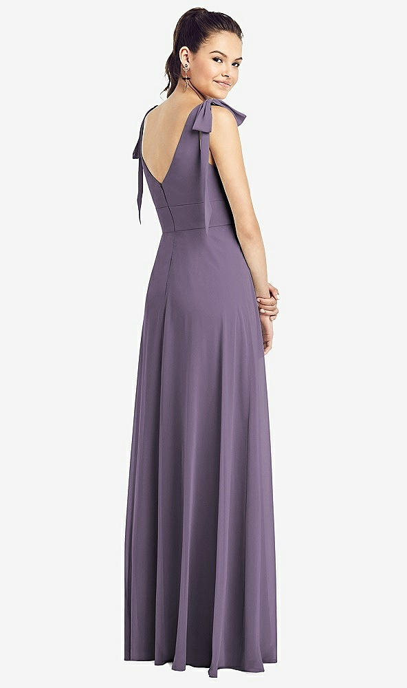 Back View - Lavender Bow-Shoulder V-Back Chiffon Gown with Front Slit