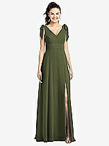 Front View Thumbnail - Olive Green Bow-Shoulder V-Back Chiffon Gown with Front Slit