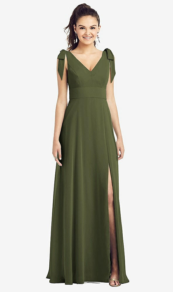 Front View - Olive Green Bow-Shoulder V-Back Chiffon Gown with Front Slit