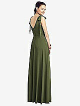 Rear View Thumbnail - Olive Green Bow-Shoulder V-Back Chiffon Gown with Front Slit