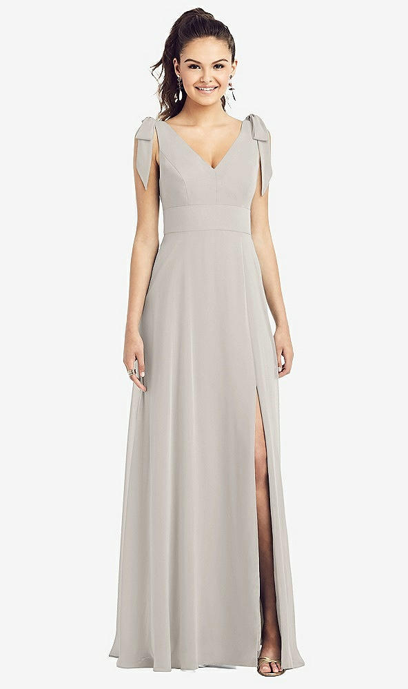 Front View - Oyster Bow-Shoulder V-Back Chiffon Gown with Front Slit
