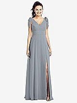 Front View Thumbnail - Platinum Bow-Shoulder V-Back Chiffon Gown with Front Slit