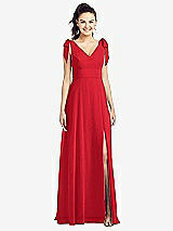 Front View Thumbnail - Parisian Red Bow-Shoulder V-Back Chiffon Gown with Front Slit