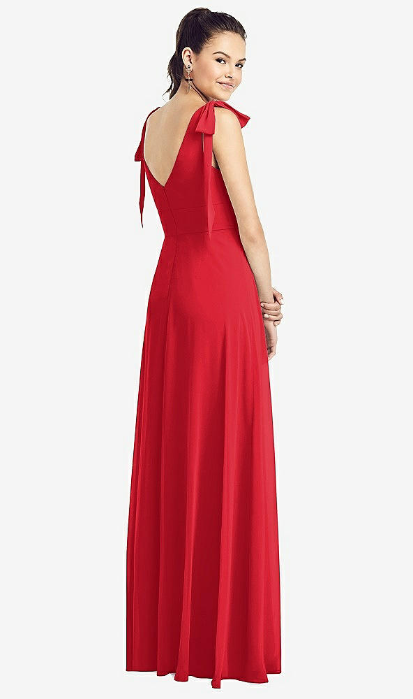 Back View - Parisian Red Bow-Shoulder V-Back Chiffon Gown with Front Slit