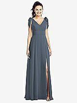 Front View Thumbnail - Silverstone Bow-Shoulder V-Back Chiffon Gown with Front Slit