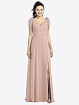 Front View Thumbnail - Toasted Sugar Bow-Shoulder V-Back Chiffon Gown with Front Slit
