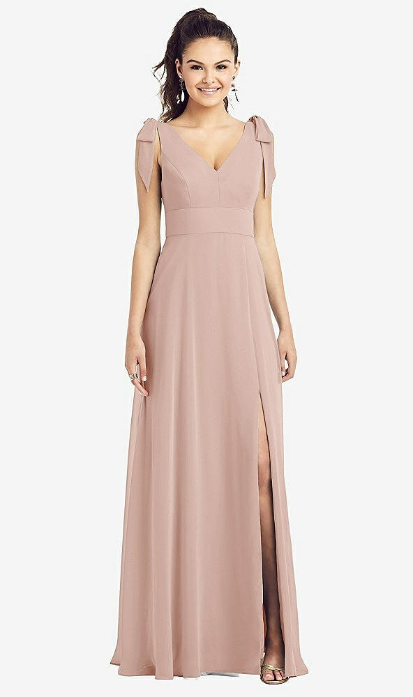 Front View - Toasted Sugar Bow-Shoulder V-Back Chiffon Gown with Front Slit