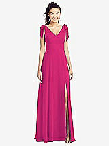 Front View Thumbnail - Think Pink Bow-Shoulder V-Back Chiffon Gown with Front Slit