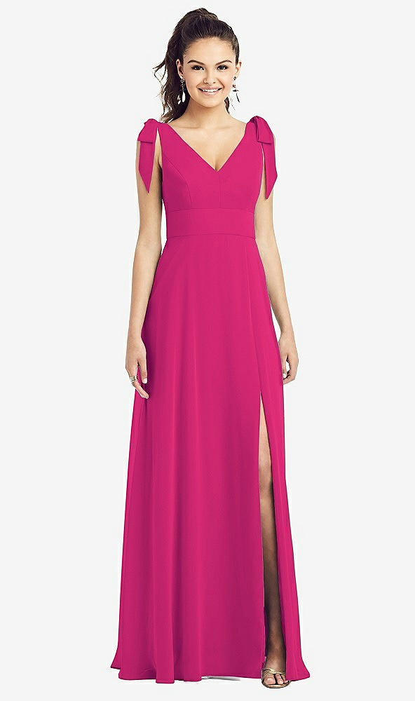 Front View - Think Pink Bow-Shoulder V-Back Chiffon Gown with Front Slit