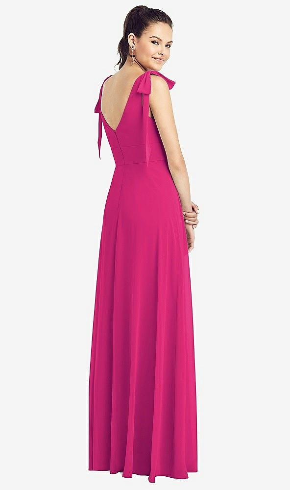 Back View - Think Pink Bow-Shoulder V-Back Chiffon Gown with Front Slit