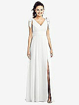 Front View Thumbnail - White Bow-Shoulder V-Back Chiffon Gown with Front Slit