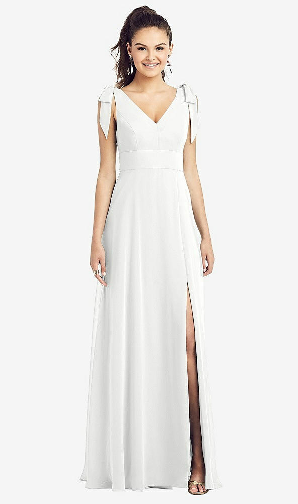 Front View - White Bow-Shoulder V-Back Chiffon Gown with Front Slit