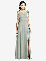 Front View Thumbnail - Willow Green Bow-Shoulder V-Back Chiffon Gown with Front Slit