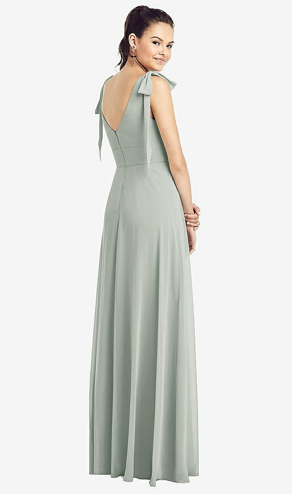Back View - Willow Green Bow-Shoulder V-Back Chiffon Gown with Front Slit