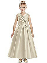 Front View Thumbnail - Champagne Faux Wrap Pleated Skirt Satin Twill Flower Girl Dress with Bow
