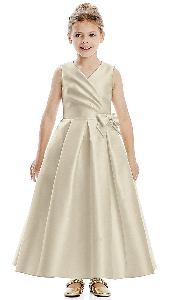 Front View - Champagne Faux Wrap Pleated Skirt Satin Twill Flower Girl Dress with Bow