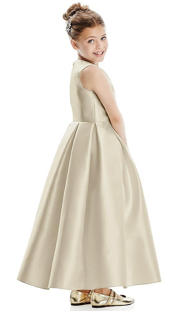 Back View - Champagne Faux Wrap Pleated Skirt Satin Twill Flower Girl Dress with Bow