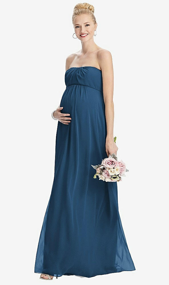 Front View - Dusk Blue Strapless Chiffon Shirred Skirt Maternity Dress