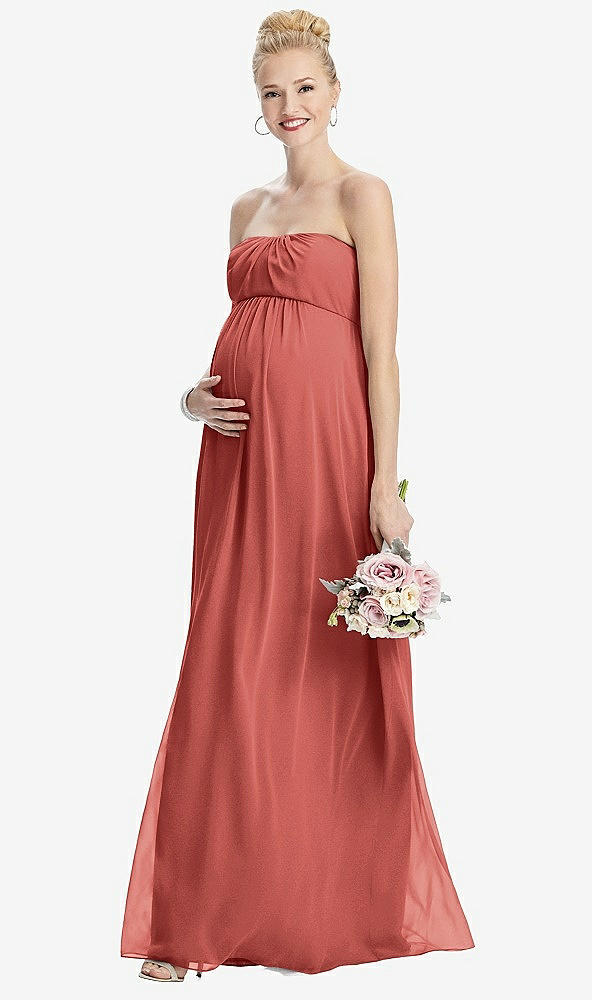 Front View - Coral Pink Strapless Chiffon Shirred Skirt Maternity Dress