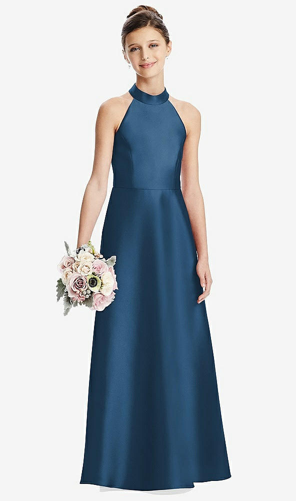 Front View - Dusk Blue Halter Open-back Satin Junior Bridesmaid Dress with Pockets