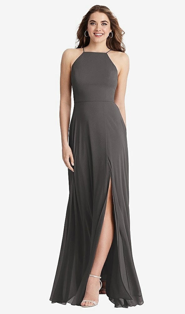 Front View - Caviar Gray High Neck Chiffon Maxi Dress with Front Slit - Lela